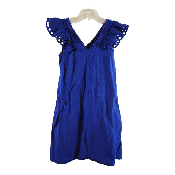 J. Crew collection blue dress sz 4 linen blend ruffle shoulder sheath v-neck - Picture 1 of 11
